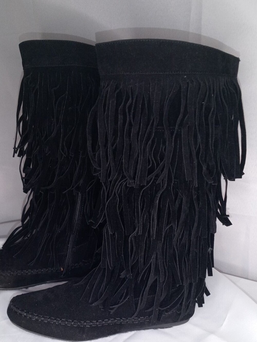 Black Fringe Suede Knee-High Boots